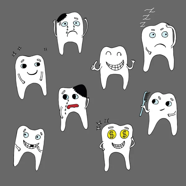 Émoticônes des dents avec différentes émotions isolées sur fond blanc. Ensemble d'émoticônes vectorielles. Style de dessin animé plat — Image vectorielle