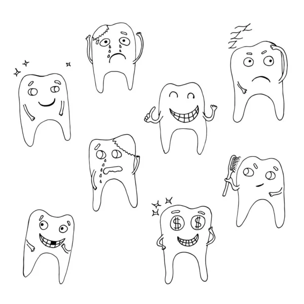 Conjunto de personajes vectoriales de dientes con diferentes emociones, dientes con caries y sin caries, lloran y ríen. Aislado sobre fondo blanco. Estilo de dibujos animados plana — Archivo Imágenes Vectoriales