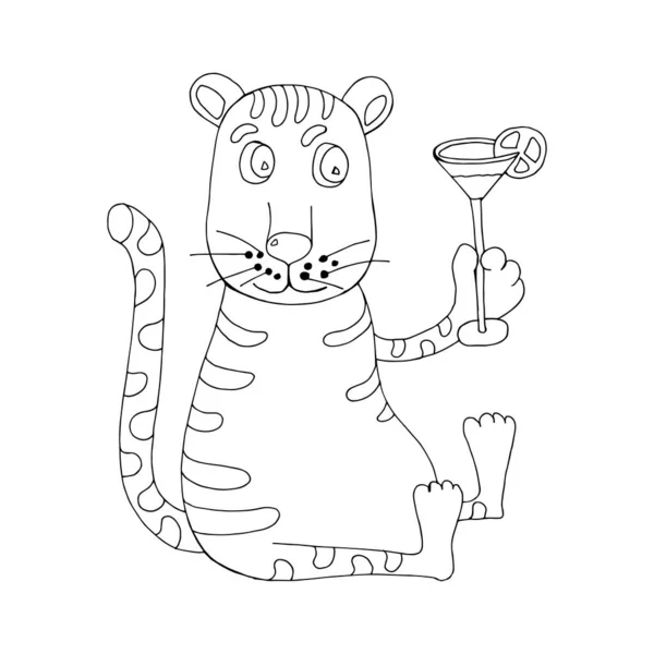 Un drôle de tigre. Personnage vectoriel en style dessin animé. Dessiné à la main dans le style doodle. Isolé. Coloriages pour enfants et adultes — Image vectorielle