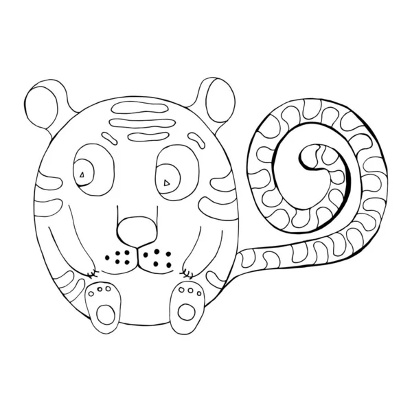 Un drôle de tigre. Personnage vectoriel en style dessin animé. Dessiné à la main dans le style doodle. Isolé. Coloriages pour enfants et adultes — Image vectorielle