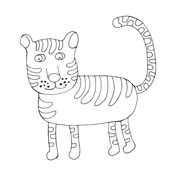 Lustiger Tiger. Vektorfigur im Cartoon-Stil. Handgezeichnet im Doodle-Stil. Isoliert. Malvorlagen für Kinder und Erwachsene — Stockvektor