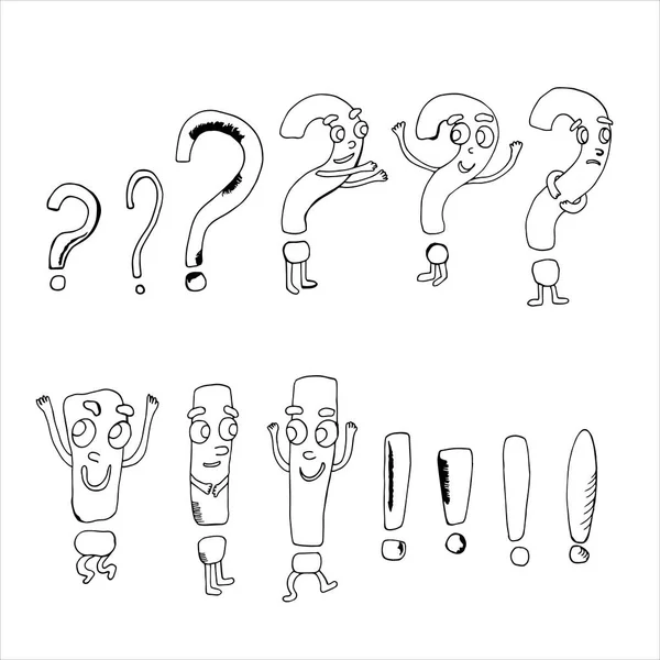 Collection of question and exclamation marks. Vector illustration. Isolated on a white background. Coloring pages for children and adults. Funny character in cartoon style — Stock Vector