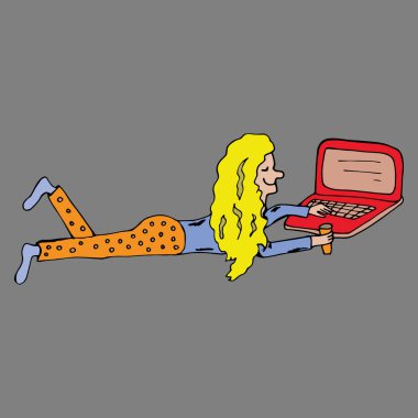 Bilgisayarda uzaktan çalışmanın parlak renkleriyle vektör illüstrasyonu. Kız ofisin dışındaki bir laptopta çalışıyor. beyaz arkaplanda izole