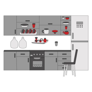 Aksesuarlar, raflar, bulaşıklar, buzdolabı ve sandalyeli şık mutfak seti. Vektör çizimi. İzole edilmiş