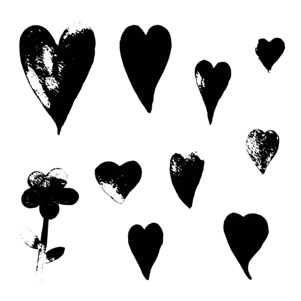 Conjunto de 9 corações grunge. Desenhado à mão. Ilustração vetorial. Isolados — Vetor de Stock