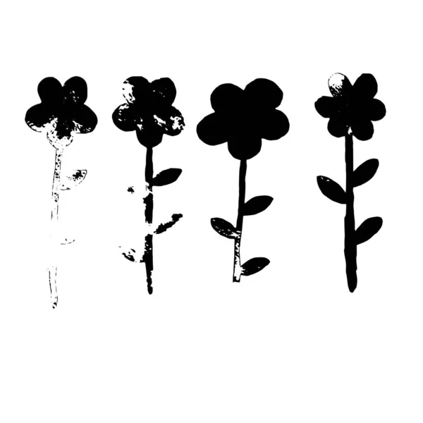 Set of 4 grunge flowers. Hand drawn in watercolor. Isolated, vector illustration — Image vectorielle