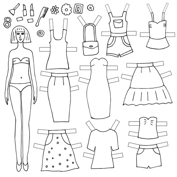 Paper doll a set of clothes and accessories for her. Vector illustration. Isolated. Cartoon. — Stock Vector