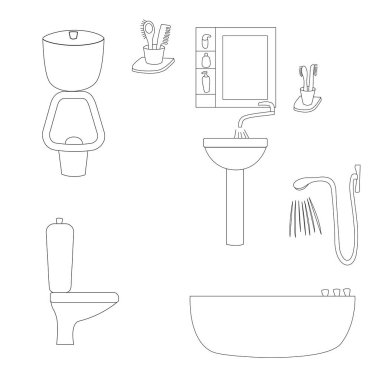 Tuvalet, duş, ayna, lavabo ve aksesuarlı banyo. Vektör çizimi. İzole edilmiş