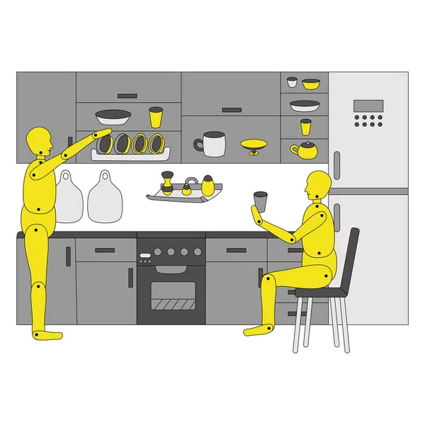 Stylish kitchen set with accessories, shelves, dishes, refrigerator and chair. Vector illustration Vector Graphics