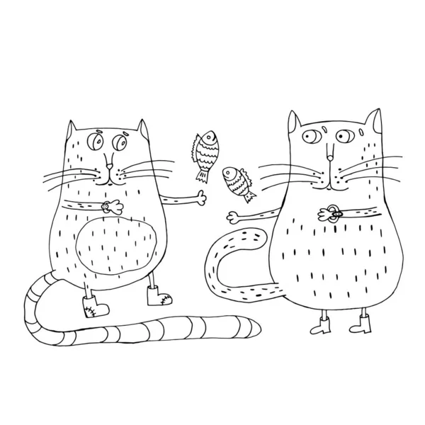 Gato engraçado dá um presente para gatinho. Ilustração vetorial. Desenhos animados isolados. Desenhos para colorir para adultos e crianças. Estilo doodle desenhado à mão — Vetor de Stock