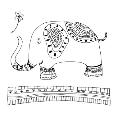 Fil doğum gününde çiçek verir. Vektör çizimi. İzole edilmiş. Yetişkinler ve çocuklar için boyama sayfaları. Çizgi film. El çizimi karalama stili