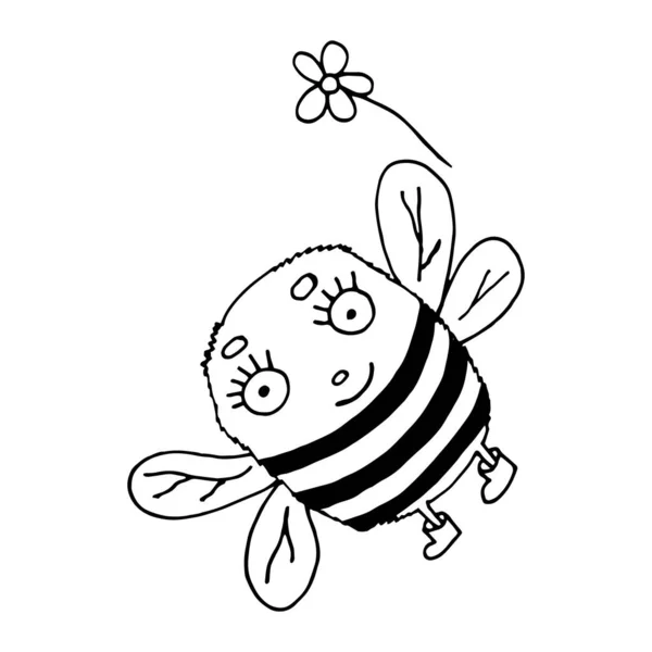 Drôle d'abeille avec une fleur. Illustration vectorielle. Isolé. Coloriages pour adultes et enfants. Caricature. — Image vectorielle