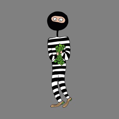 The thief is a swindler in striped clothes. A thief robbed a bank. The fraudster holds a lot of banknotes in his hands. Vector. clipart
