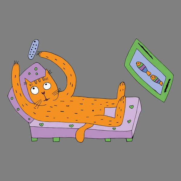 Un drôle de chat regarde la télé, tient une télécommande dans ses mains. Vecteur — Image vectorielle
