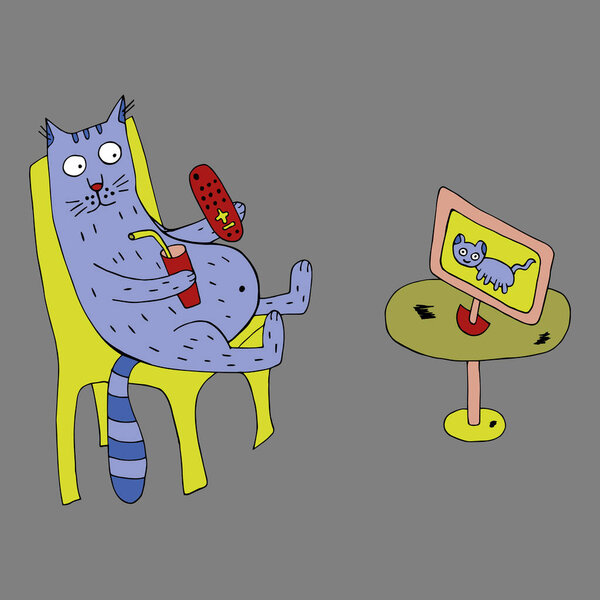 Забавный кот смотрит телевизор, держит пульт от телевизора в руках. Вектор