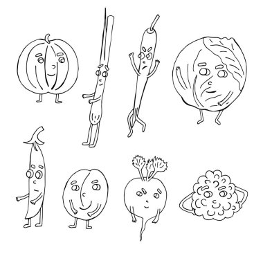 Meyve ve sebze çizgi film karakterleriyle dolu. Vektör