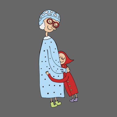 Bir çocuk kitabı için illüstrasyon. Küçük kırmızı başlık ve gri kurt. Vektör. Karalama stilinde elle çizilmiş. Çizgi film tarzında komik karakterler