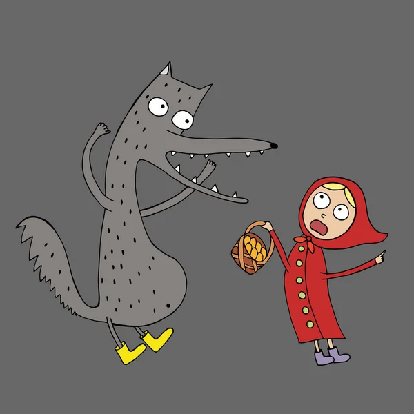 Illustratie voor een kinderboek. Roodkapje en grijze wolf. Vector. Met de hand getekend in doodle stijl. Grappige personages in cartoon stijl — Stockvector