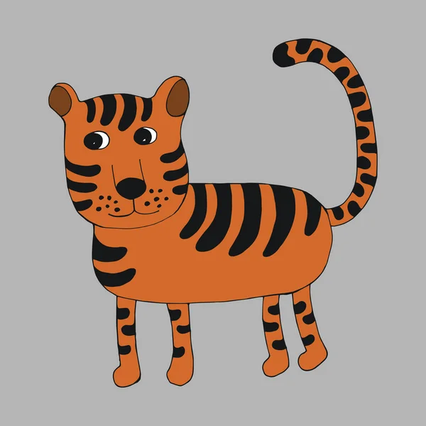 Um tigre engraçado. Personagem vetorial em estilo cartoon. Mão desenhada em estilo doodle. Isolado. Desenhos para colorir para crianças e adultos — Vetor de Stock