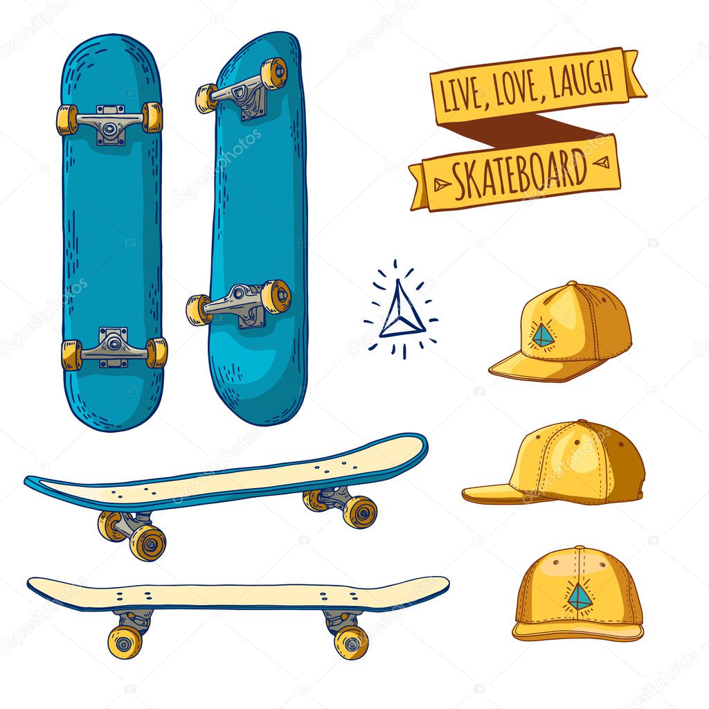 Set of colored stickers and labels with skateboards and caps, Vector illustration
