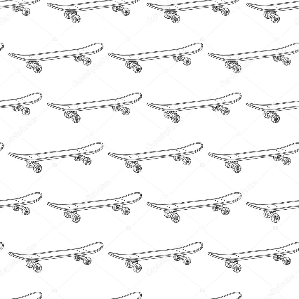 Seamless black and white pattern with skateboards in a linear style, Vector illustration