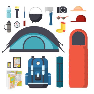 Collection of items for hiking and camping