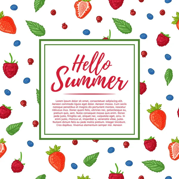 Hallo Sommer Text und Tapete mit Beeren — Stockvektor
