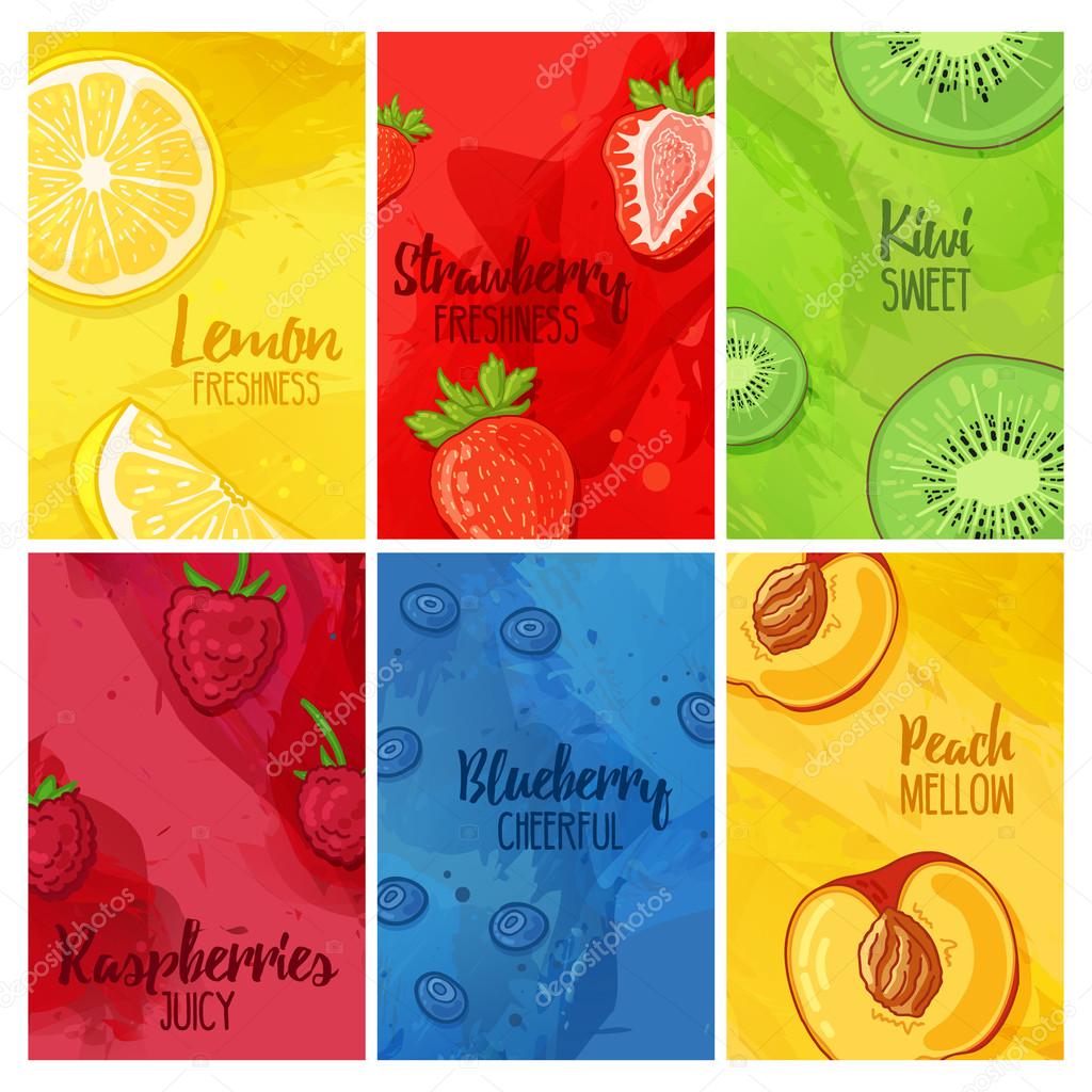 Vector illustration Set template design banners with fruits and berries and watercolor texture