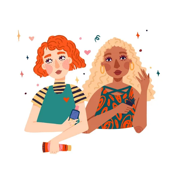 Illustration av två söta tjejer med vågigt blont och rött hår. Kvinnor använder en kam för lockigt hår och kosmetiska flaskor. Banner för hårvård design. Lockigt tjejmetodkoncept. Vektor — Stock vektor