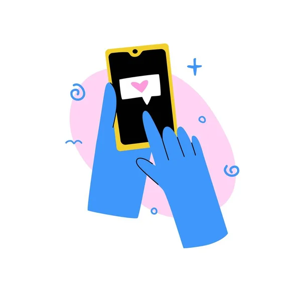 人类的手指压在手机屏幕上 用手势图标接收智能手机中的消息 卡通风格 — 图库矢量图片
