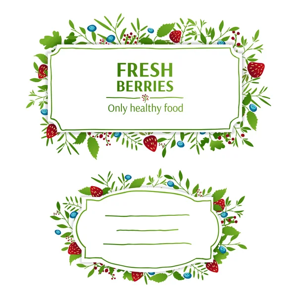 Όμορφη banner, κάρτα, πρόσκληση ή ετικέτα. Άνοιξη, καλοκαίρι, φθινόπωρο φόντο. Στοιχεία φράουλες και βατόμουρα. Στολίδι από φύλλα, μούρα, κλαδιά, φυτά, βότανα. Διάνυσμα. Θέση για το κείμενό σας — Διανυσματικό Αρχείο