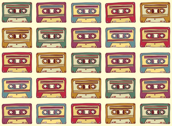 Modèle sans couture dans le style vintage. Vieille cassette audio sur un fond clair. Vector — Image vectorielle