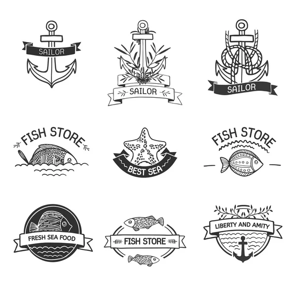 レトロなヴィンテージ徽章やロゴタイプは魚、海の要素やリボン入り。ベクター デザイン要素、ビジネス印、ロゴ、アイデンティティ、ラベル、バッジおよびオブジェクト。手描きスタイル。ベクトル — ストックベクタ