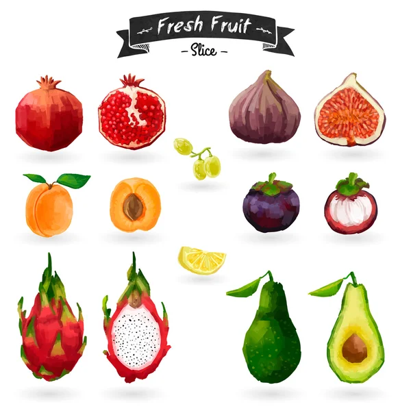 Set of fruits in watercolor style. Cut, slices. Tropical fruit. Isolated. Vector. - Stok Vektor