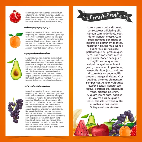 Modèle flyer ou brochure avec des éléments décoratifs en forme de fruits. Sur un fond orange. Placez votre texte. Vector. — Image vectorielle