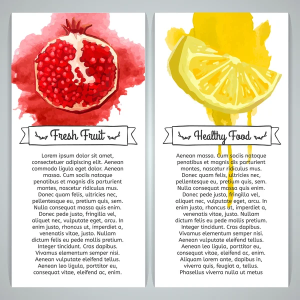Aantal verticale sjabloon brochures of briefkaarten. Vruchten granaatappel en citroen in aquarel stijl. Aquarel textuur. Plaats voor uw tekst. Vector. — Stockvector