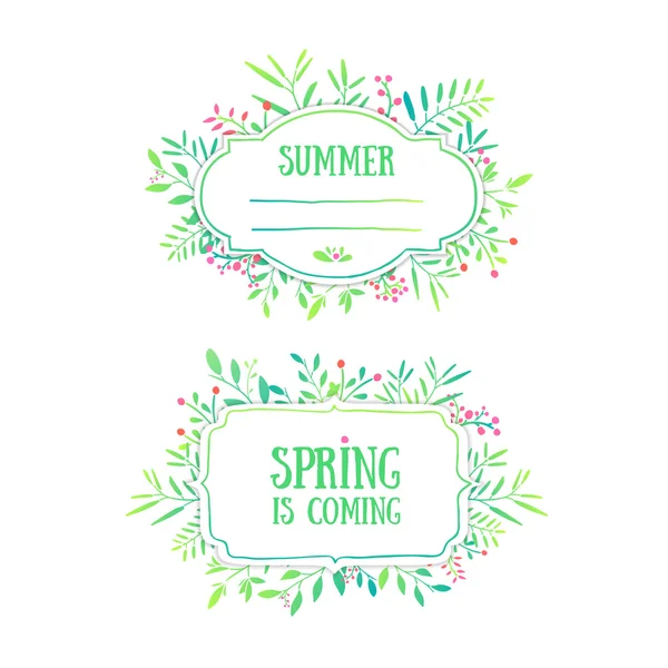 Hermoso banner, tarjeta, invitación o etiqueta. Fondo de primavera y verano. Adorno de hojas, bayas, ramas, plantas, hierbas. Vector. Lugar para el texto — Vector de stock