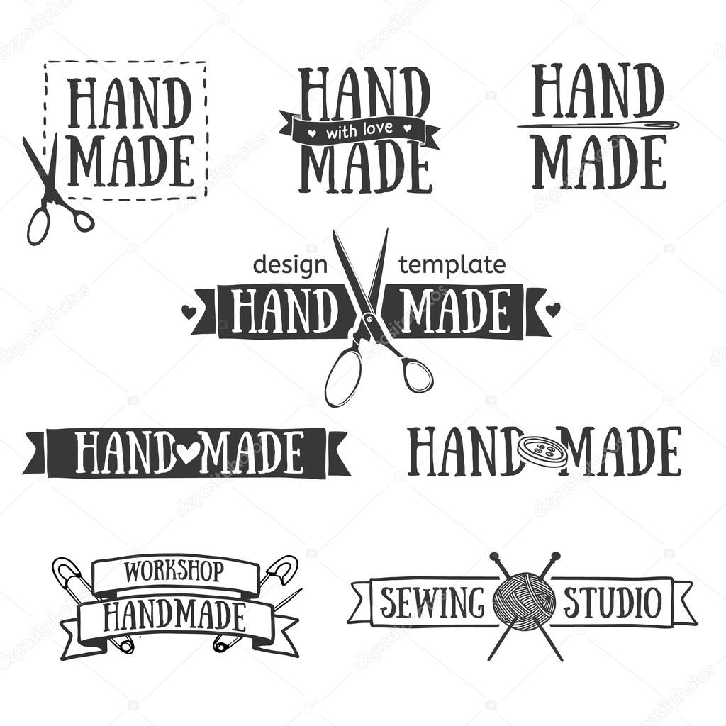 Set of vintage retro handmade badges, labels and logo elements, retro symbols for local sewing shop, knit club, handmade artist or knitwear company. Template logo. Vector.
