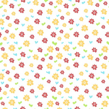 Desen renkli çiçekler ve kalpleri ile.