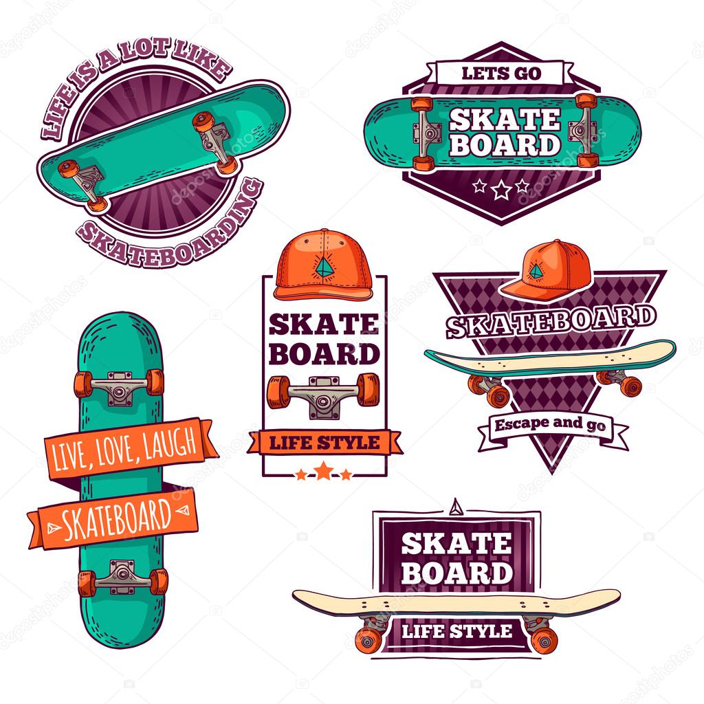 Set of vintage color logos, badges, badges, labels, stickers with skateboard and cap. Retro style. Vector.