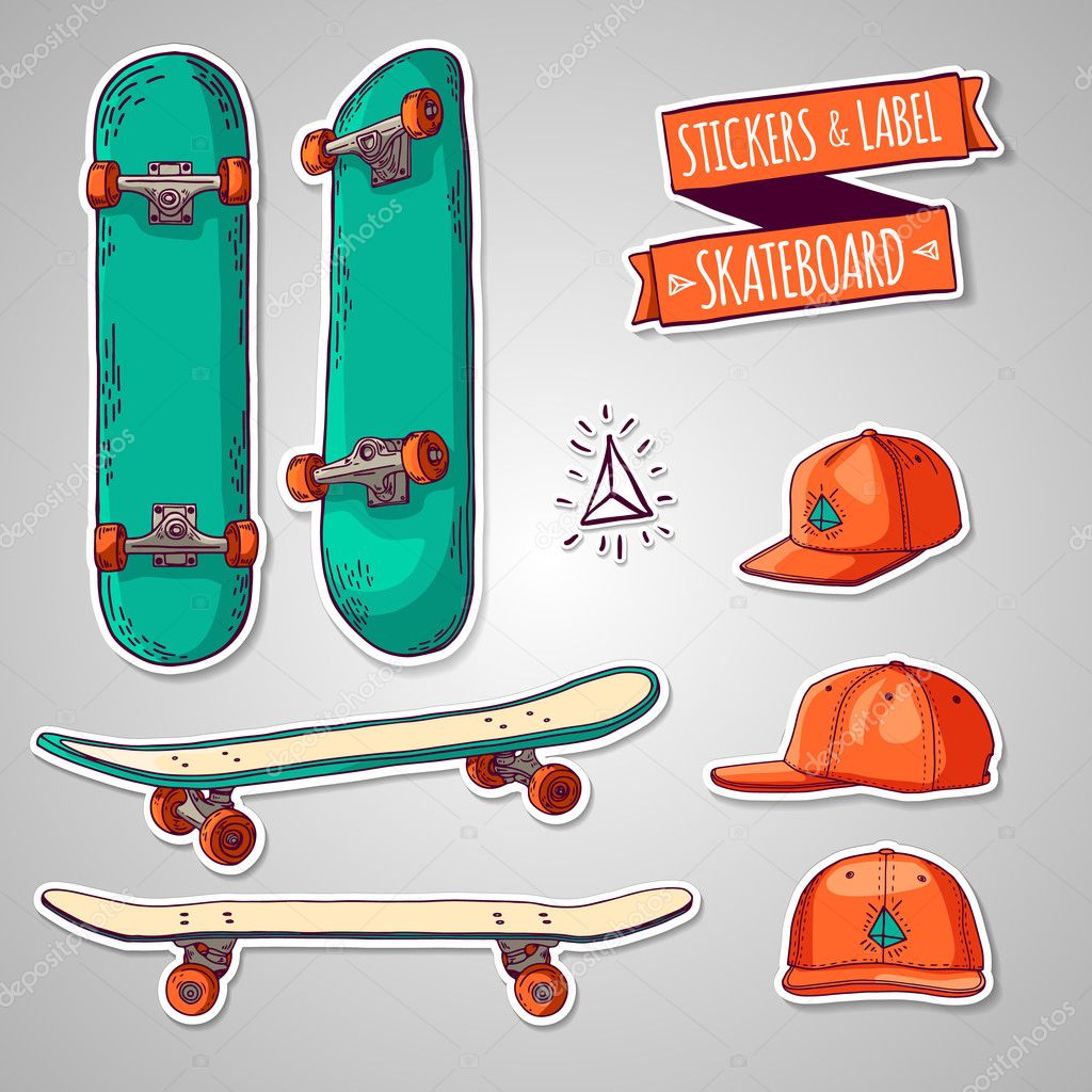 Set of stickers and labels with skateboards and caps