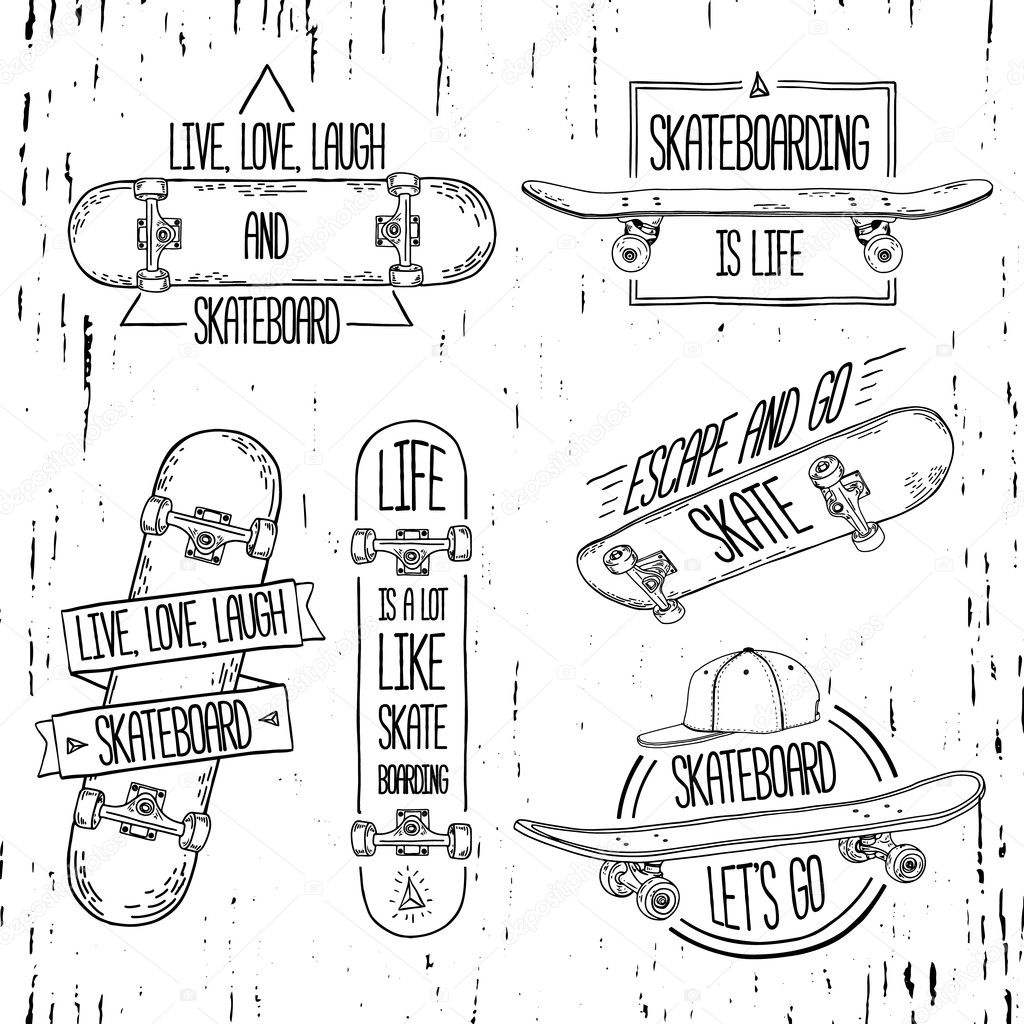 Set of linear, modern logos, signs, badges, labels, stickers with skateboard and cap. Geometric shapes. Hand-style. Grungy texture. Vector.