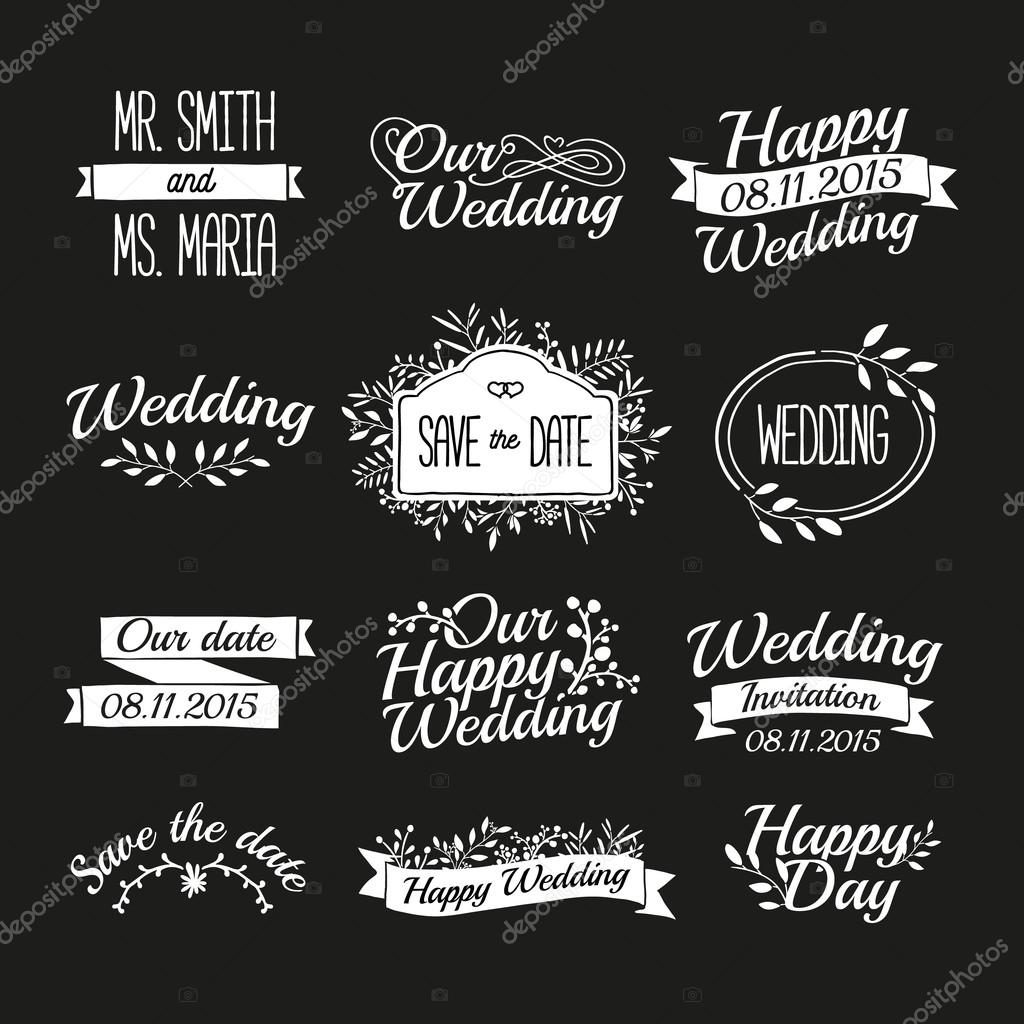 Set of wedding vintage retro logos, signs, labels, stickers. Typographical background with floral ornaments, ribbons, frames. Vector.