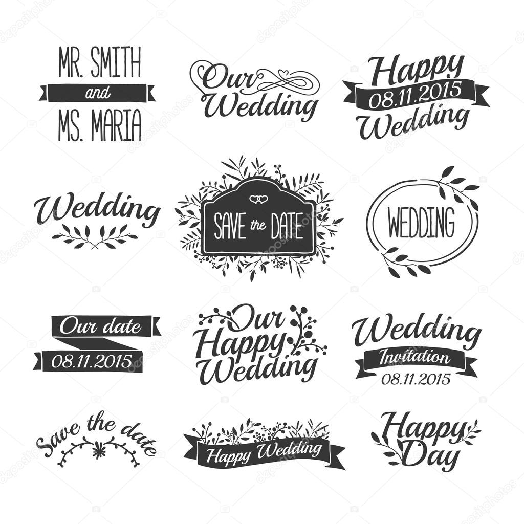 Set of wedding vintage retro logos, signs, labels, stickers. Typographical background with floral ornaments, ribbons, frames. Vector.