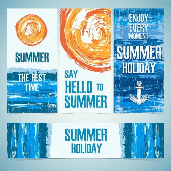 A set of banners, cards, headers for the summer holidays. Texture of water and the silhouette of the sun. Place for your text. Vector. — Stock Vector