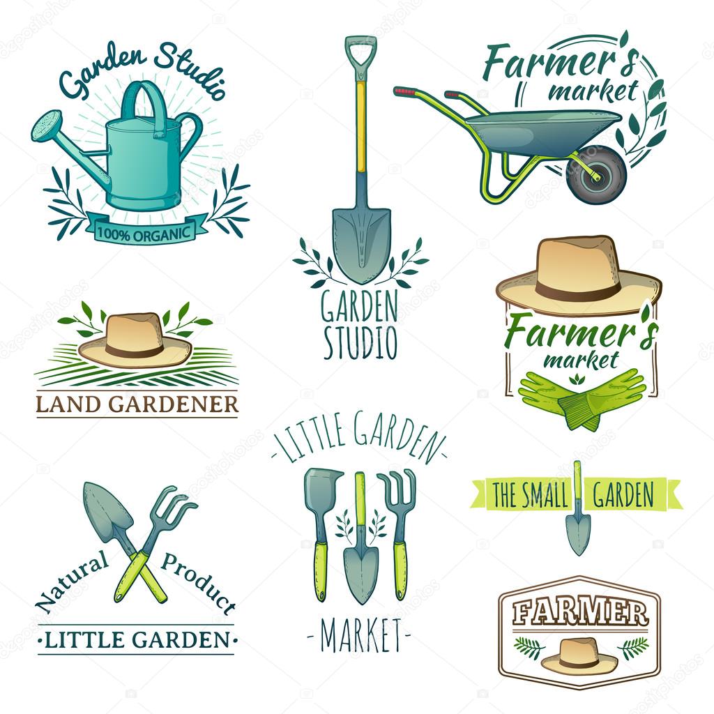 Set of vintage color retro logos, badges, badges, labels. Instruments, Shop garden, farm, organic garden. Vector.