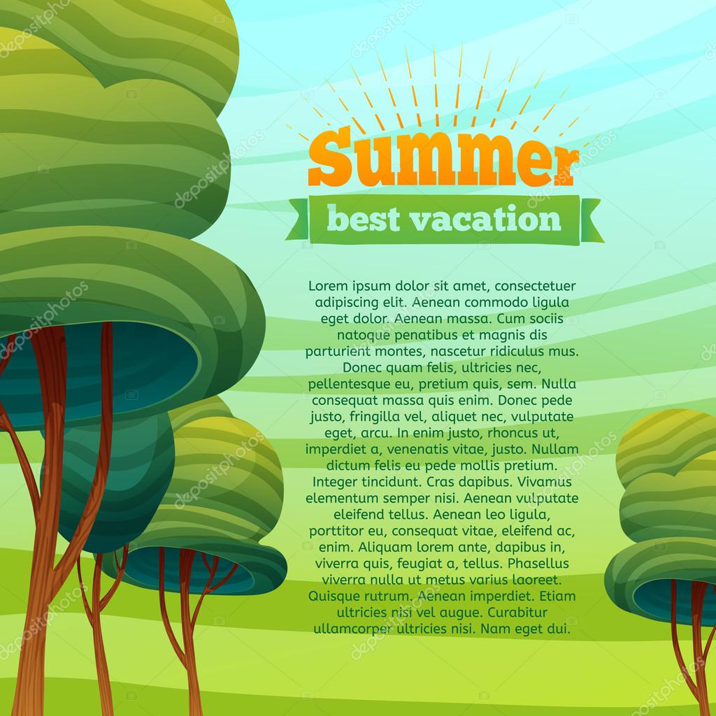 Template design cards, posters, brochures, flyers. Cartoon background with sky and trees. Logo, icon, label summer vacation. Place for your text. Vector.