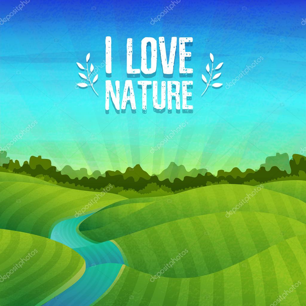 Template banner design, posters with logo about nature. Landscape with fields, meadows, river, sunrise and forest. Vector. Place for your text