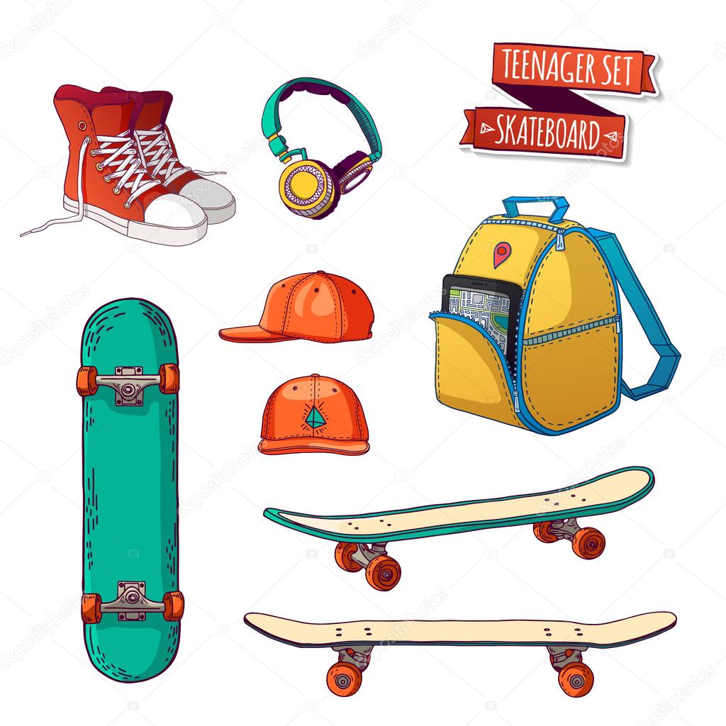 Set of elements with skateboards