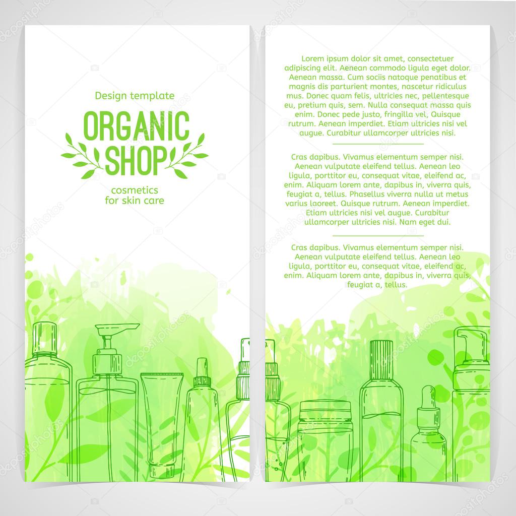 Vertical design template of brochures, booklets, posters, banners about organic cosmetics, organic shop. Design with bottles, tube of decorative cosmetics and leaves, herb. Vector